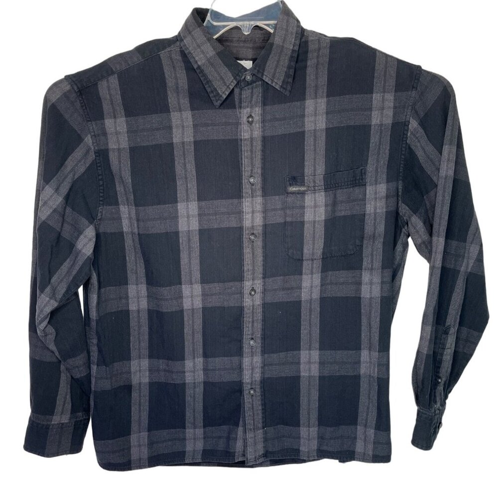 Calvin Klein Jeans Mens Gray Plaid Button-Up Long-Sleeve Shirt M 100% Cotton